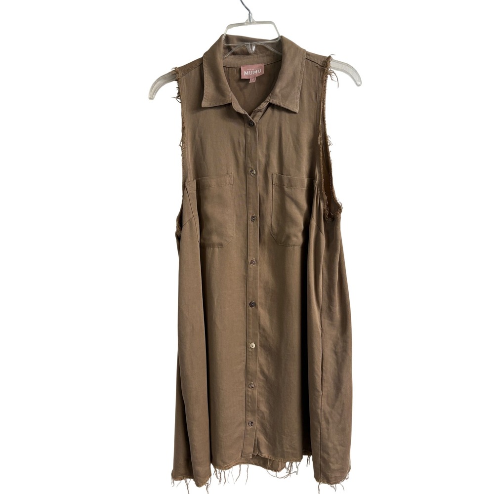 Show Me Your Mumu Tan Khaki Sleeveless Frayed Button Down Shirt Dress Large